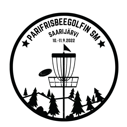 Mustavalkoinen, pyöreä logo, jossa on keskellä frisbeegolfkori ja alapuolella kuusia. Ylhäällä kilpailun nimi: Parifrisbeegolfin SM. Saarijärvi.